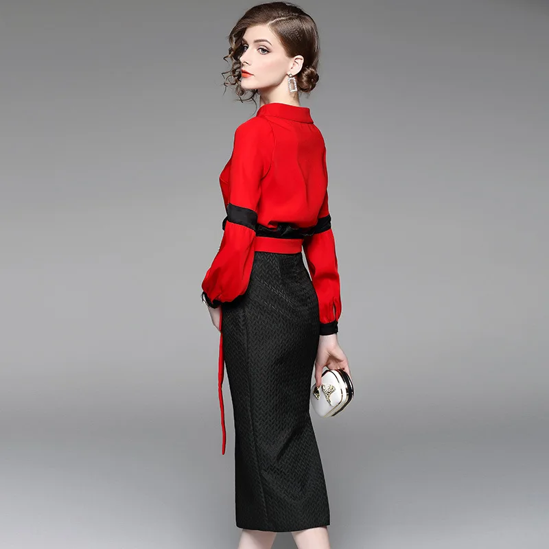 MARKOWO Desinger Brand New fashion suit skirt women's two-piece red Set hip skirt Lady Office Suit