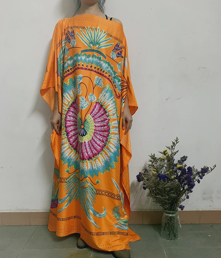 Full Length New Fashion silk kaftan dress boho colourful pattern loose Printed Kuwait Caftan women dress African dresses