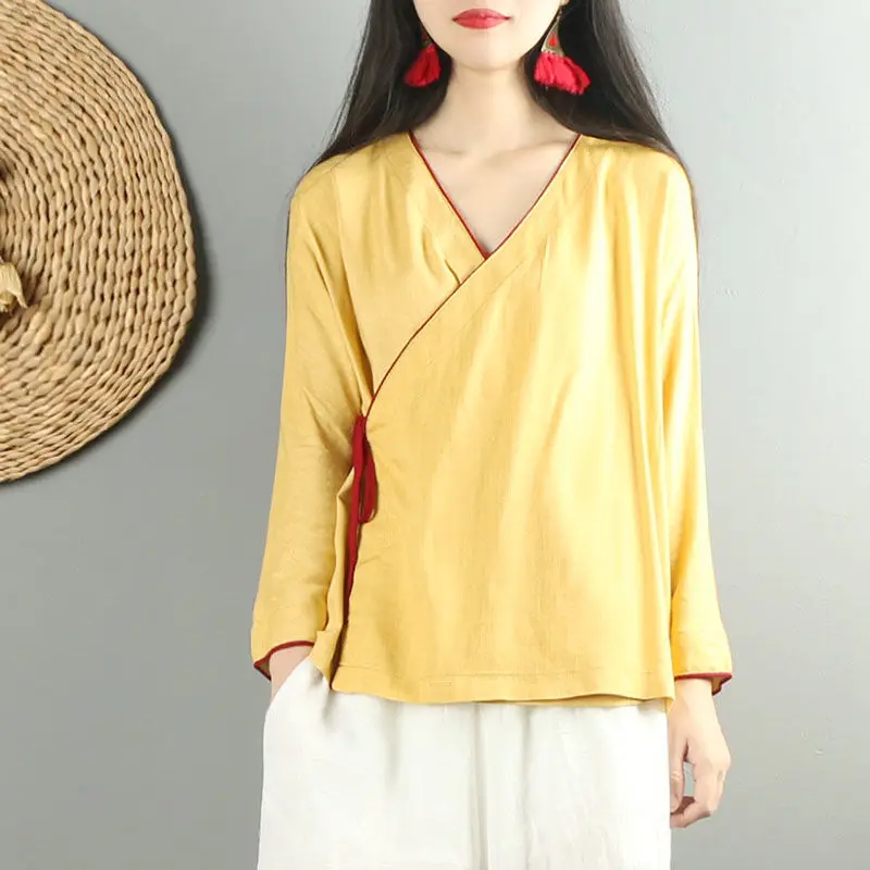 2024 Solid Color Chinese Style Retro Hanfu Cardigan Loose Women\'s Clothes Blouse Literary Cotton And Linen Shirt Wide Leg Pants