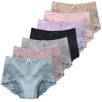 7 Uds. Ropa interior de algodón para mujer, bragas transparentes de encaje, pantalones cómodos antibacterianos de talla grande, lencería sexy femenina