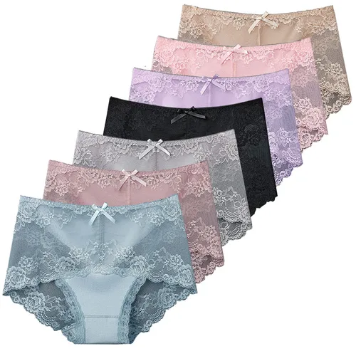 Imagen 1 del producto 7 Uds. Ropa interior de algodón para mujer, bragas transparentes de encaje, pantalones cómodos antibacterianos de talla grande, lencería sexy femenina