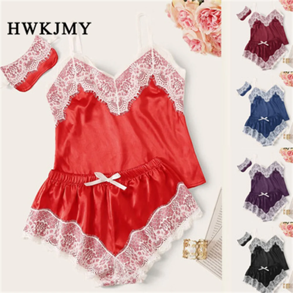 Sexy Fashion Women Lace V Neck Pajamas Set Lingerie Sleeveless Nightwear Spaghetti Strap Vest + Short Pants +Blindfold S-3XL