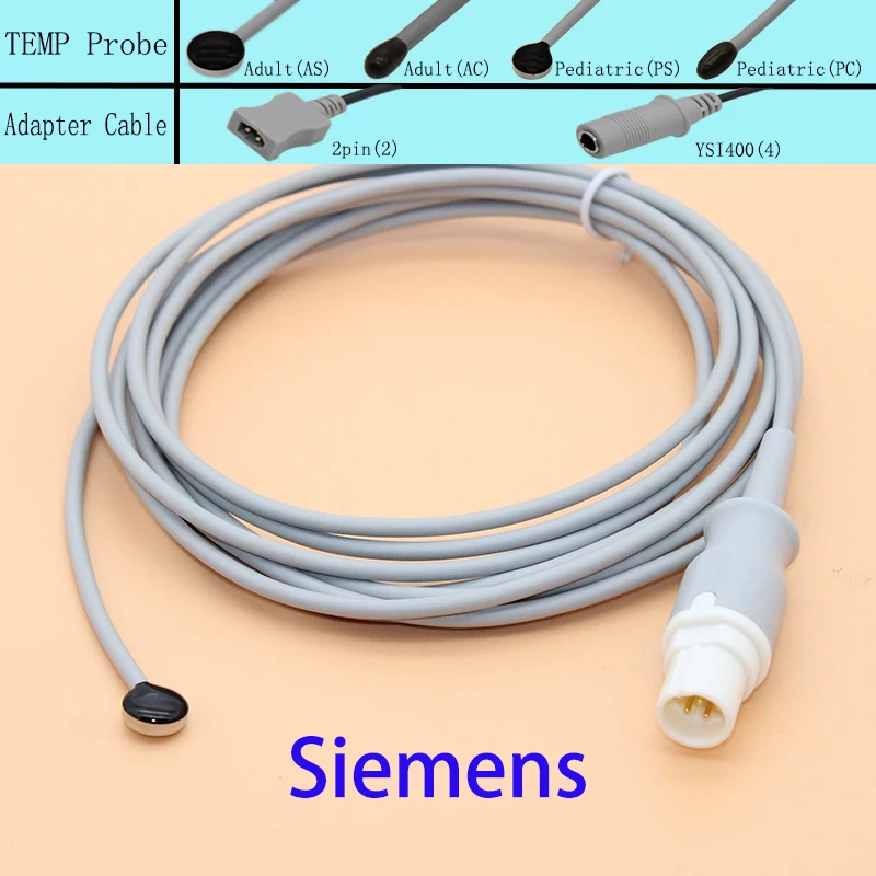 Reusable medical temperature probe for Siemens,adult/pediatric skin surface/esophageal/rectal TEMP sensor and extension cable.