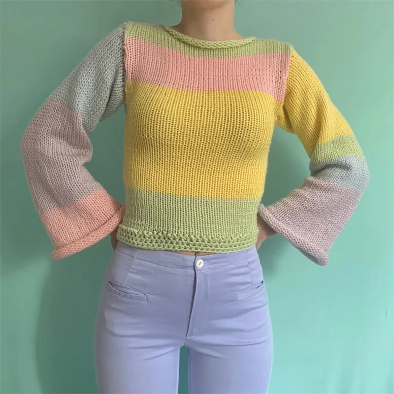 Women\'s Autumn Casual Rainbow Crop Tops Long Sleeve Slim Fit Crimping Sweater Streetwear Knitted Pullovers