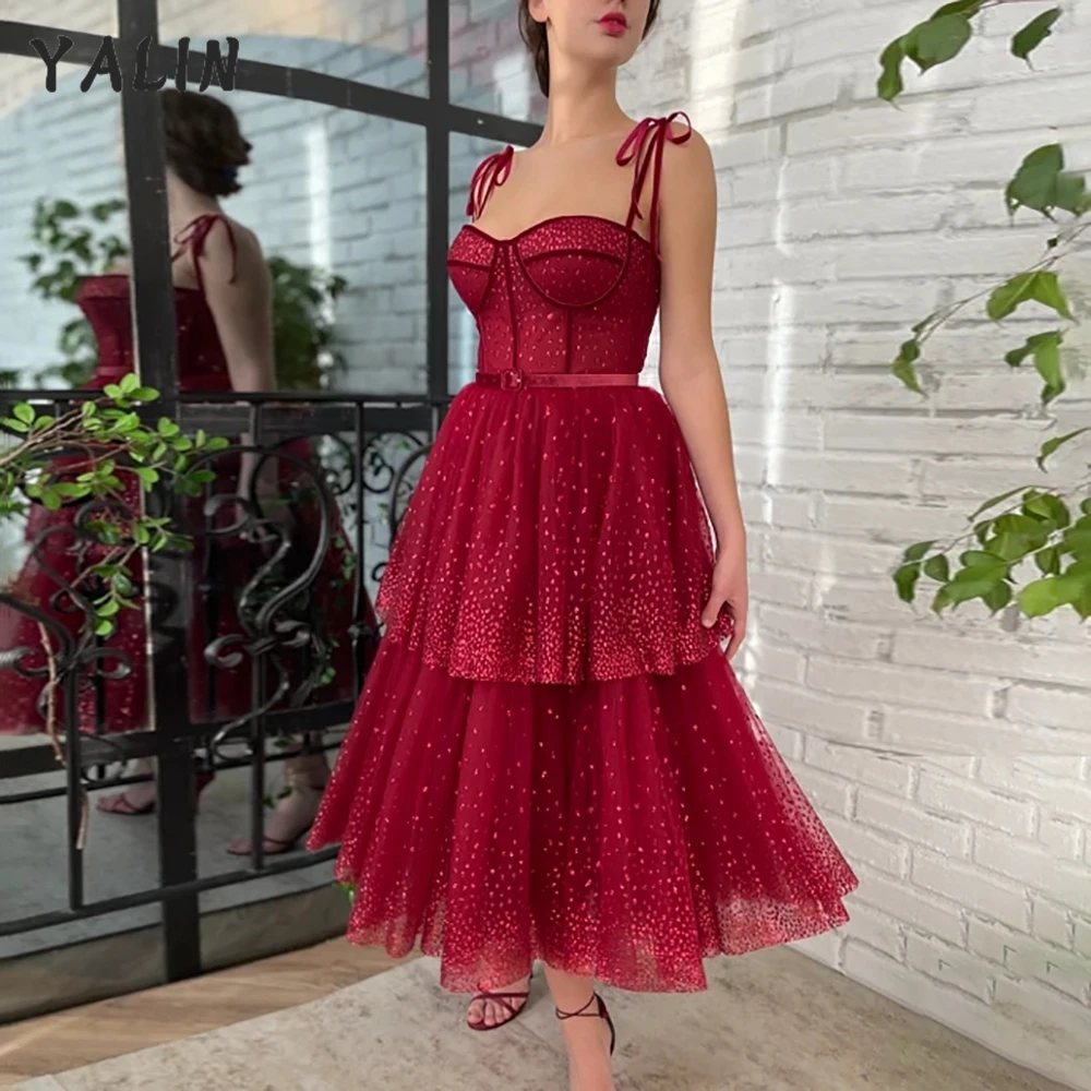 

YALIN Burgundy Sweetheart Prom Dresses Elegant Tea Length Vestidos De Fiesta Fashion Tulle Tiered Robes Soirée Mariage