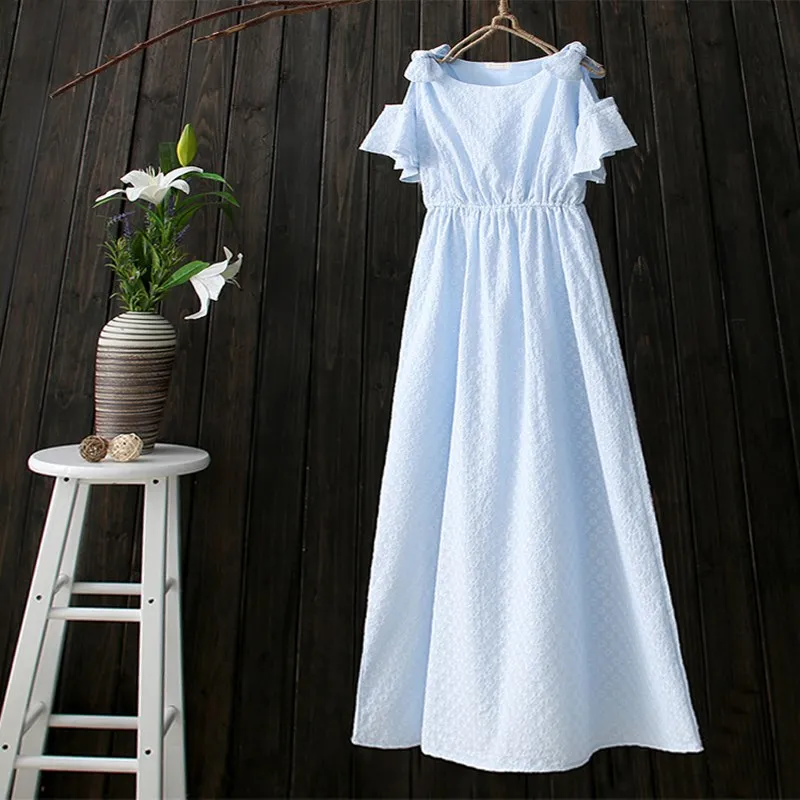 Free Shipping 2023 New Fashion Long Mid-calf Summer 100% Cotton Embroidery Flower Short-sleeve Dresses White And Blue Color