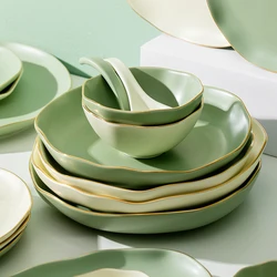 Irregular Shape Matte Gilt Rim Green Or Beige Porcelain Dinner Plate Ceramic Tableware Food Dishes Rice Salad Noodles Bowl 1Set