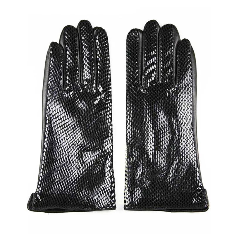 New Snake Print Leather Sheepskin Gloves Women\'s Fashion High Gloss Velvet Lining Autumn and Winter Warm Driving Gloves