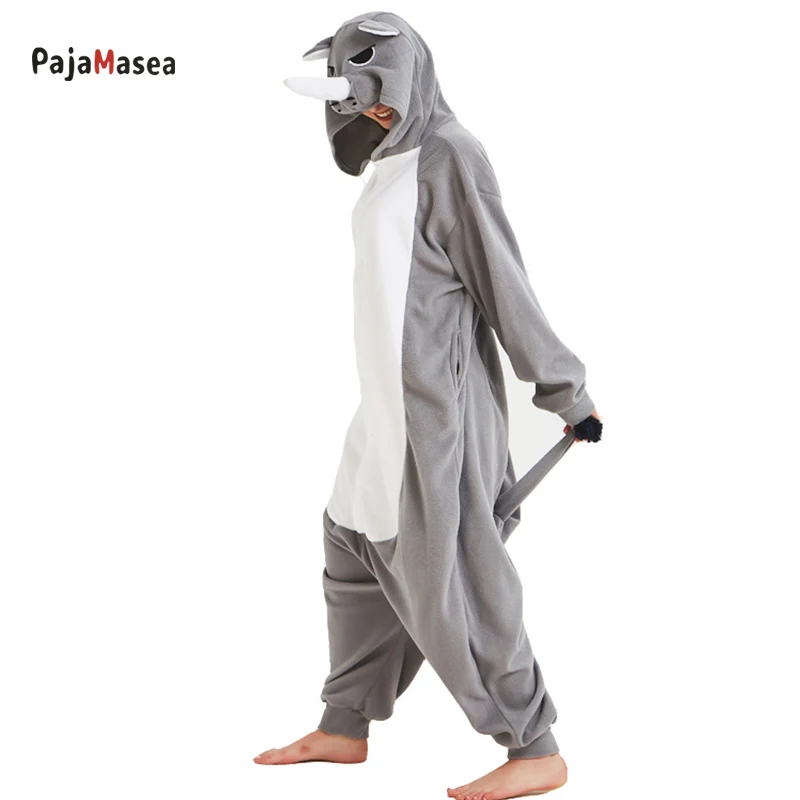 

PAJAMASEA Gray Rhinoceros Men Jumpsuit Women Fleece Animal Onesie Family Anime Party Christmas Cosplay Rompers Raccoon Kigurumi