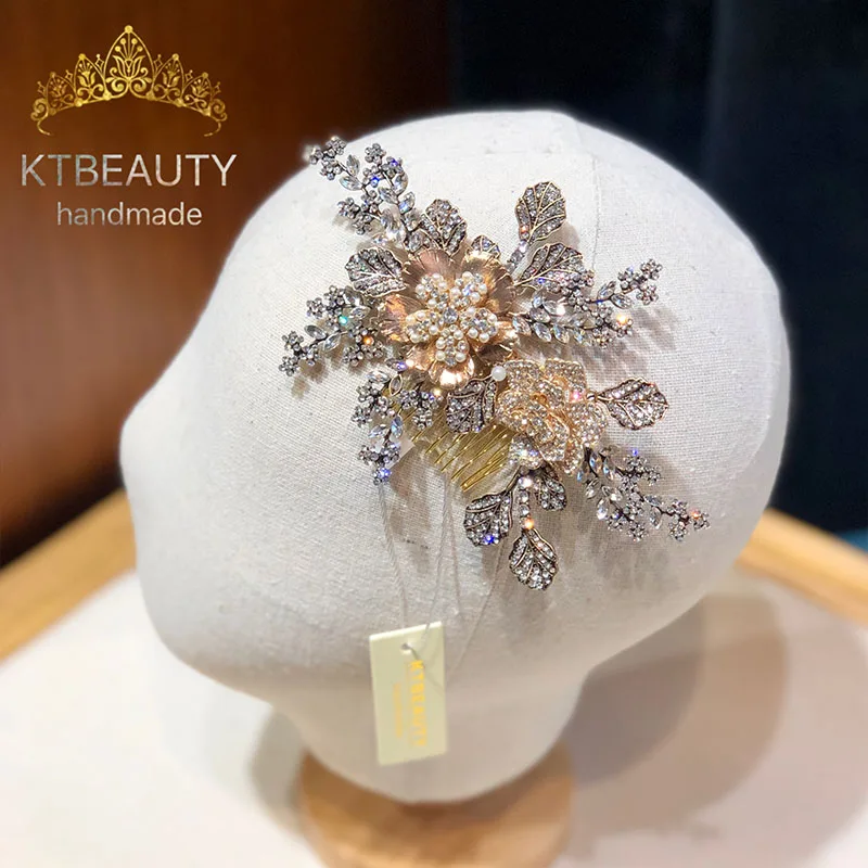 

KTBEAUTY Bridal Headpiece Crystal KC Gold Color Flowers Leaves Zinc Alloy Hair Comb 2023 New Women Hair