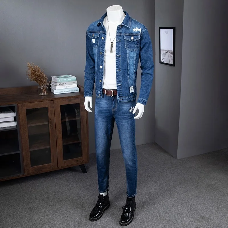 Two Cowboy Piece Sets Men Slim Fit Denim Jacket Jeans Cargo Matching Set Casual Streetwear Man Spring Autumn Embroidery Outfits