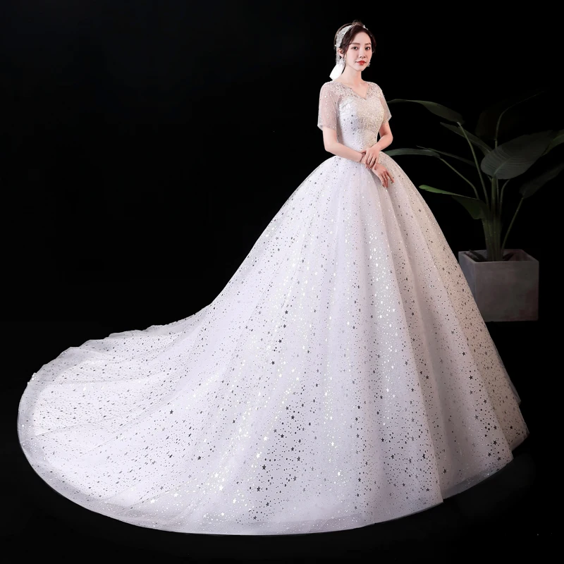 AnXin SH – robe de soirée en dentelle blanche, style rétro français, vintage, col en v, manches courtes, paillettes étoilées argentées