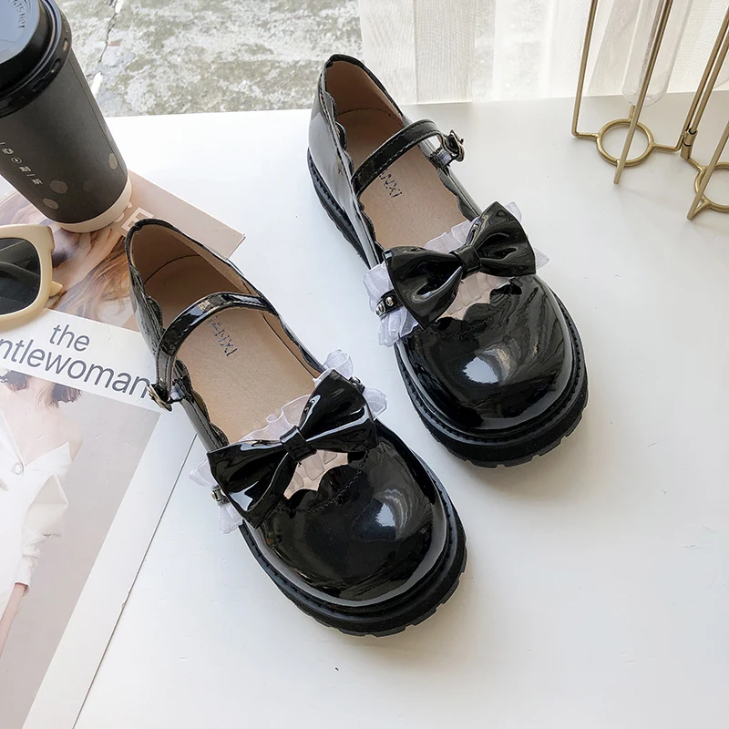 Lolita – petites chaussures japonaises en cuir et dentelle pour femmes, souliers lolita doux, fille chérie, nœud rétro, tête ronde