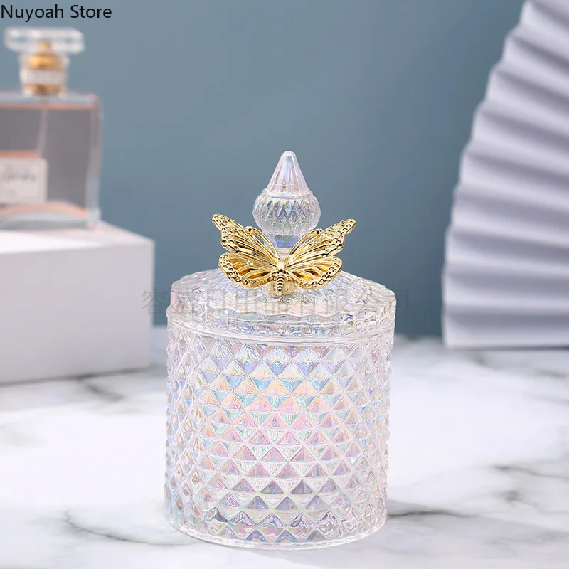 Creative Glass Jar Candle Jar with Lid Multicolor Jewelry Storage Box Round Storage Jar Living Room Home Decoration Accessories