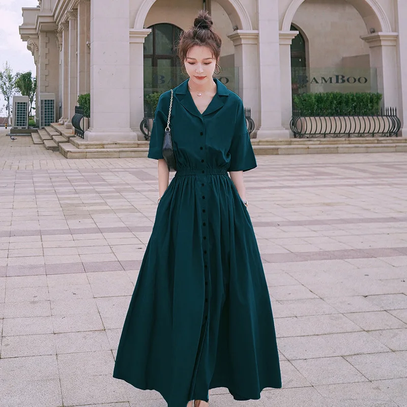 2020 Women Summer Dark Green Elastic High Waist Chiffon Long Shirt Dress Sashes Vintage Elegant A-line Midi Dresses