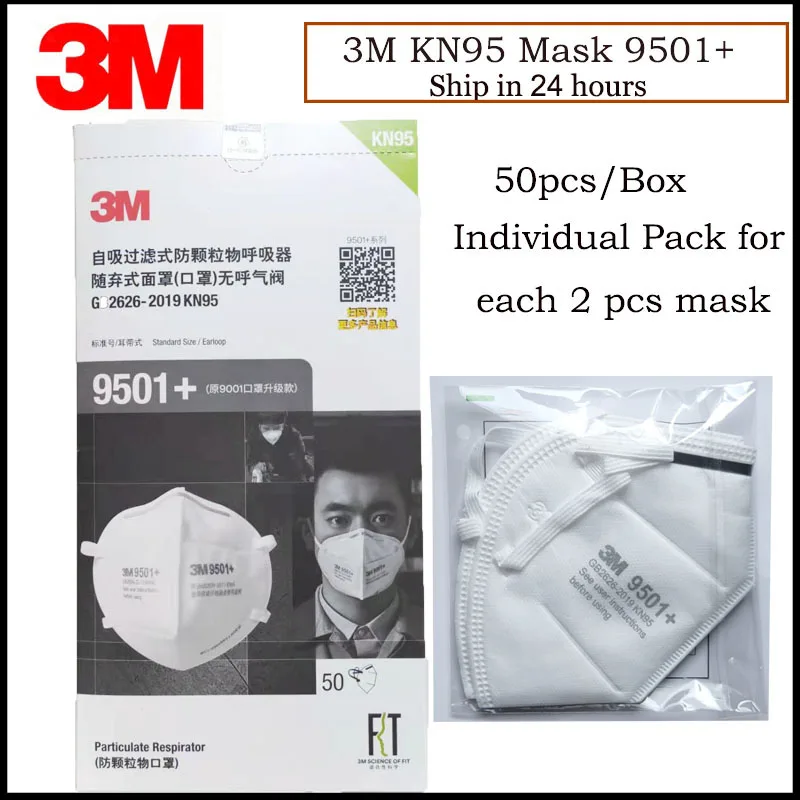 

50pcs/Lot 3M KN95 Mask 9501+/9502+ Earloop Style Individual Pack Anti PM2.5 Smog Protective Industrial Dust Influenza Virus Mask