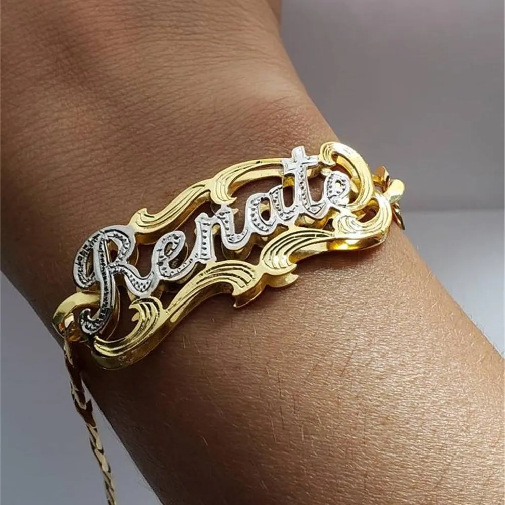 Imagem -02 - Kristenco-double Plate Name Bracelets para Mulheres Corrente Cubana de Aço Inoxidável Two Toned Name Bracelet Presentes