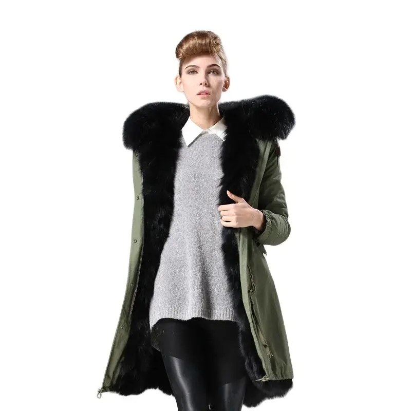 Long Down Winter Fashion Style Khaki/Navy Cotton Parka Shell Mr Mrs Real Raccoon Fur Hoodies Wear