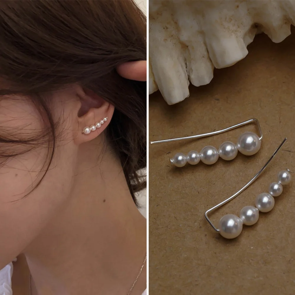 Korean Style Pearls Earcuff With Piercing Irregular Climber Crawler Clip Earrings For Women Elegant Simple Chic Jewelry