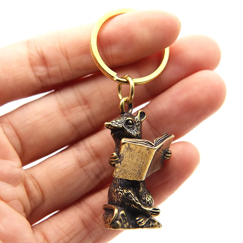 Pure Brass Zodiac Reading Rat Keychain Pendants Trinket Vintage Copper Couple Mouse Car Key Chains Hanging Cartoon Mice Keyrings