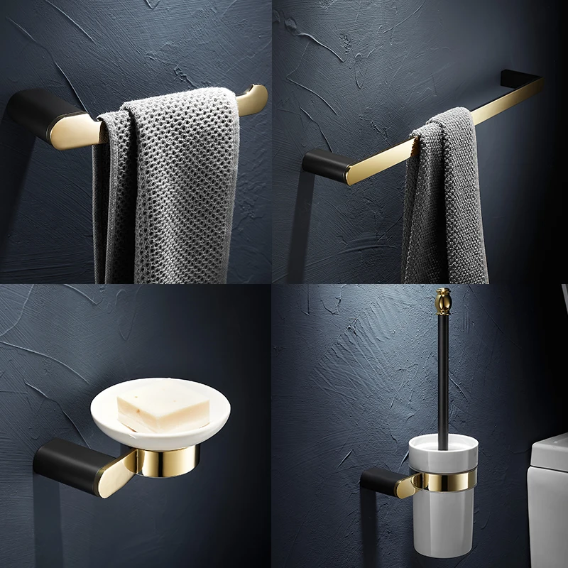 Bath Hardware Sets Black Gold Bath Cup&Tumbler Holders Europe Toilet Brush Holder Towel Bar Paper Holders Cloth Hook WF-25000