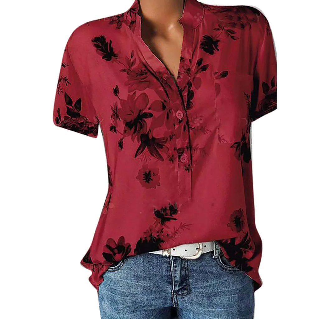 

Boho Women's Tunic Floral Printing Shirt Pocket women 2020 blouses Short Sleeve Blouse Easy Top Shirt Plus Size Blusa Feminina