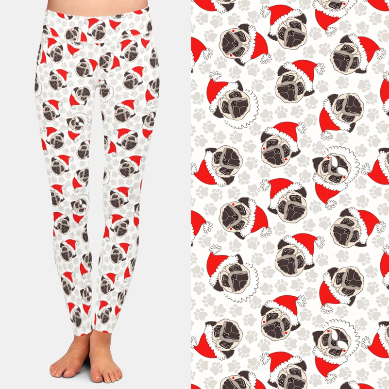 Letsfind 2020 Mode Vrouwen Winter Broek 3D Pug-Hond In Santa 'S Hoed Print Hoge Taille Workout Elastische Warm leggings