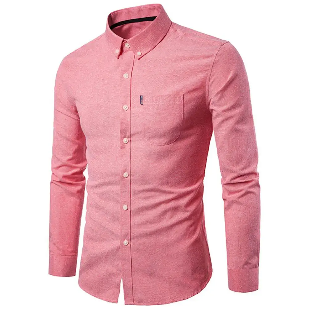 Men Solid Color Turn Down Collar Long Sleeve Shirt Slim Button Pocket Work Top