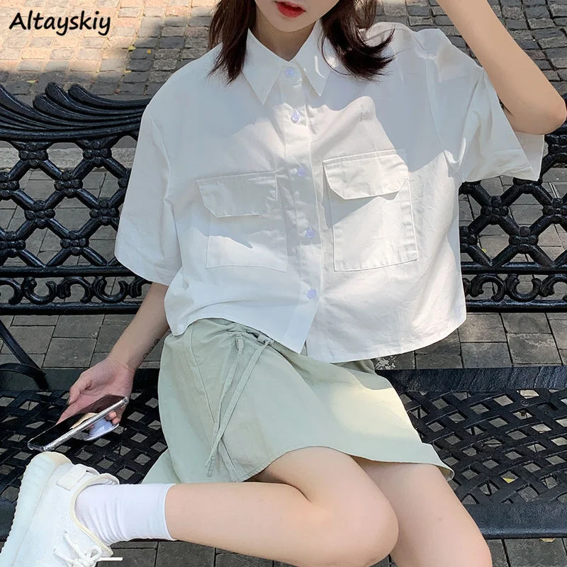 

Shirts Women Solid Cropped Pockets Short Sleeve Preppy Cute Sweet Japan Style Simple Popular All-match Mujer Leiusre Fashion Ins