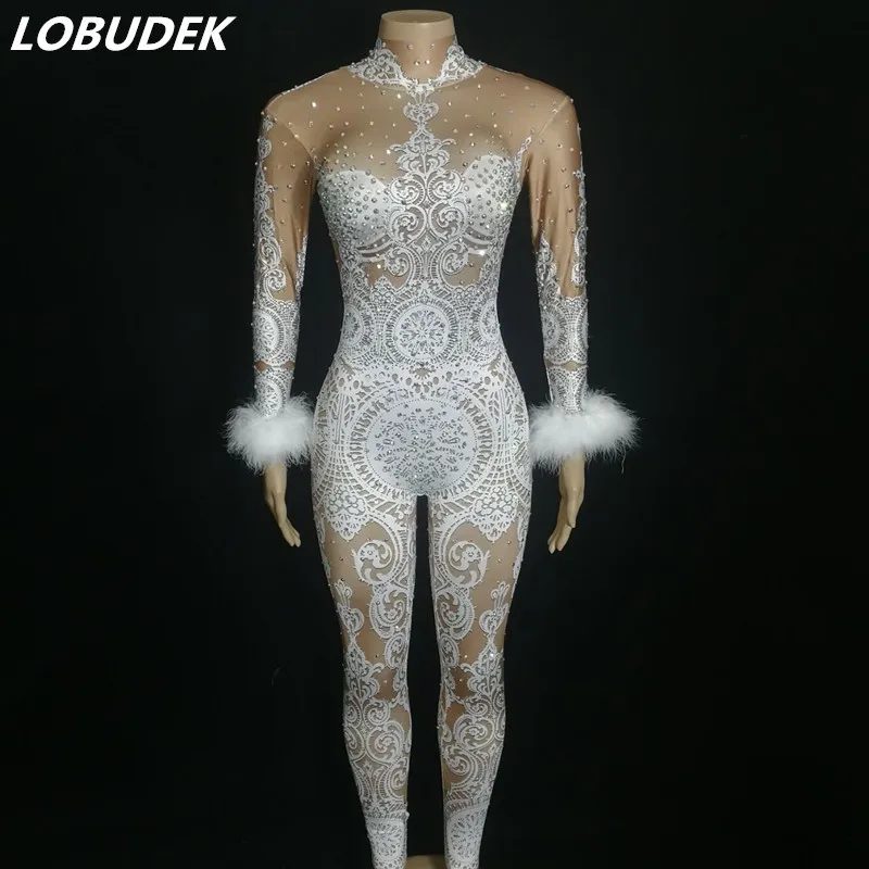 

White Lace Printed Rhinestones Feather Sleeve Jumpsuit Singer Dancer Sexy Stage Wear Bar Club Party Celebrate Skinny Leotard