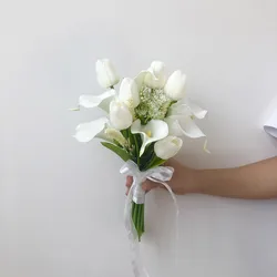 Wholesale Cheap White Small Bunch of Tulip with Lily Artificial Bridal bouquets for Bridesmaids для подружек невесты Damigella