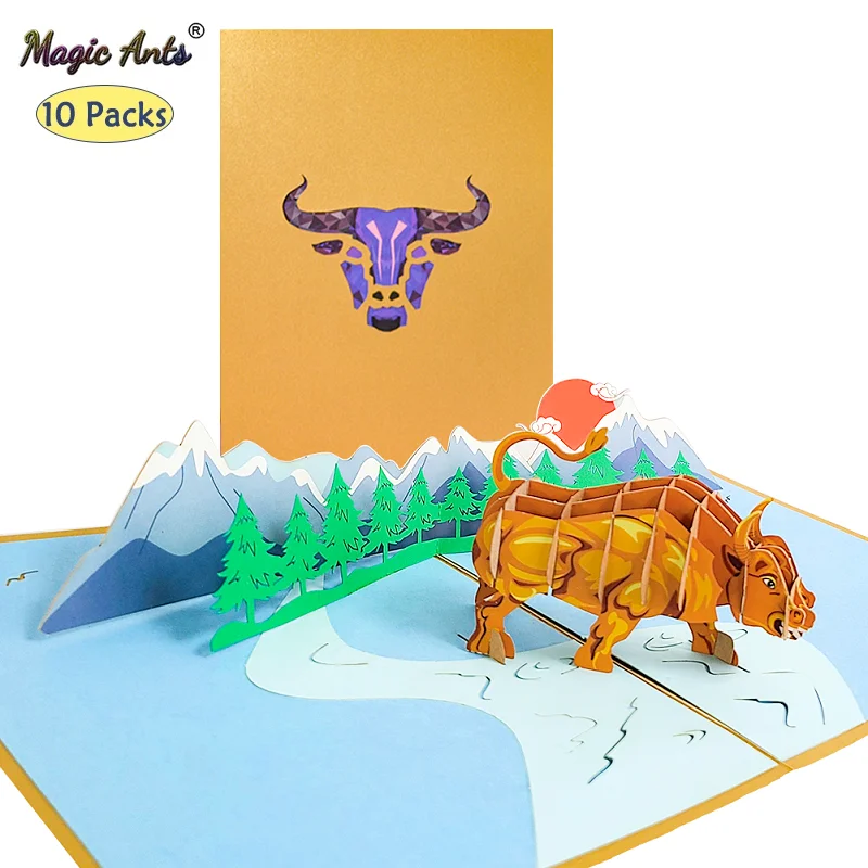 

10 Pack 3D Bull Pop-Up Birthday Cards Fathers Day for Dad Kids Business Gift Cute Cartoon Animal Greeting Cards Handmade