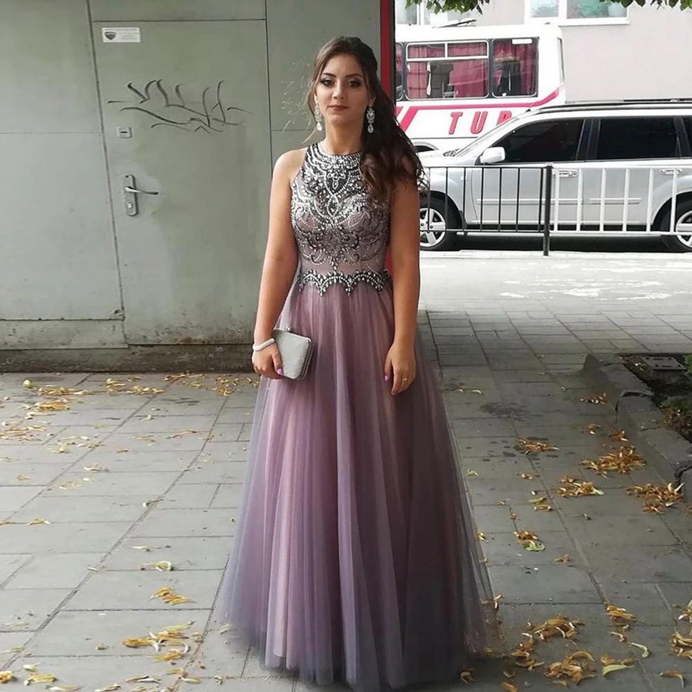 

Angelsbridep A-line Tulle High Neck Prom Dresses 2022 Sparkly Beaded Crystals Floor Length Evening Party Gowns Robes De Soirée