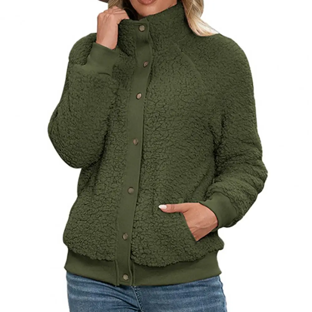 Dropshipping!! Buttons Closure Side Pockets Fleece Jacket Women Stand Collar Warm Cardigan Jacket Outerwear