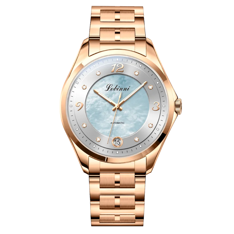 LOBINNI Luxury Mechanical นาฬิกาข้อมือผู้หญิง High-End Seagull Movement นาฬิกาผู้หญิงที่ไม่ซ้ํากันสีเขียว Dial นาฬิกาวันที่