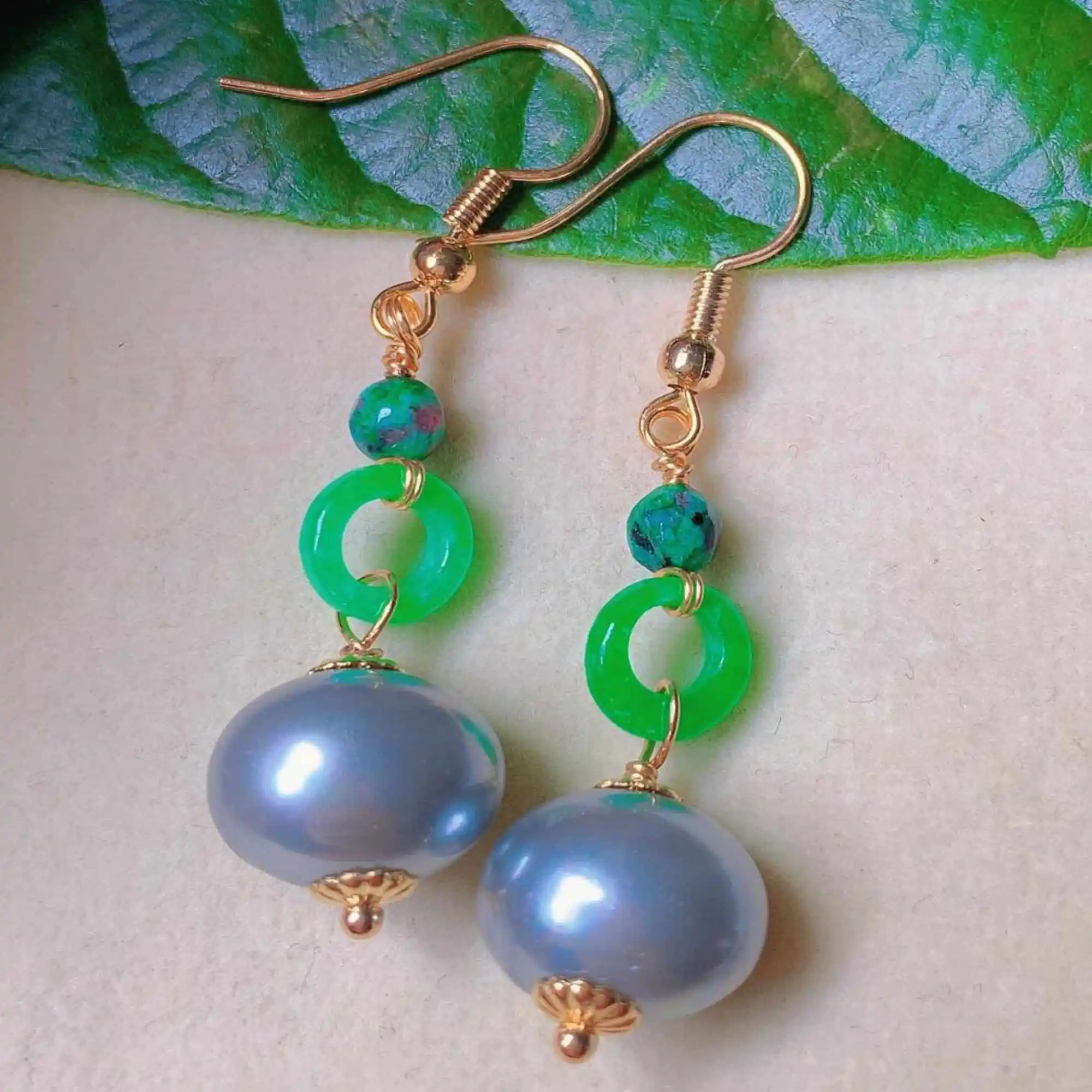 Natural silver gray Pearl Jadeite Malachite 18k gold Earrings Lucky Women Holiday gifts