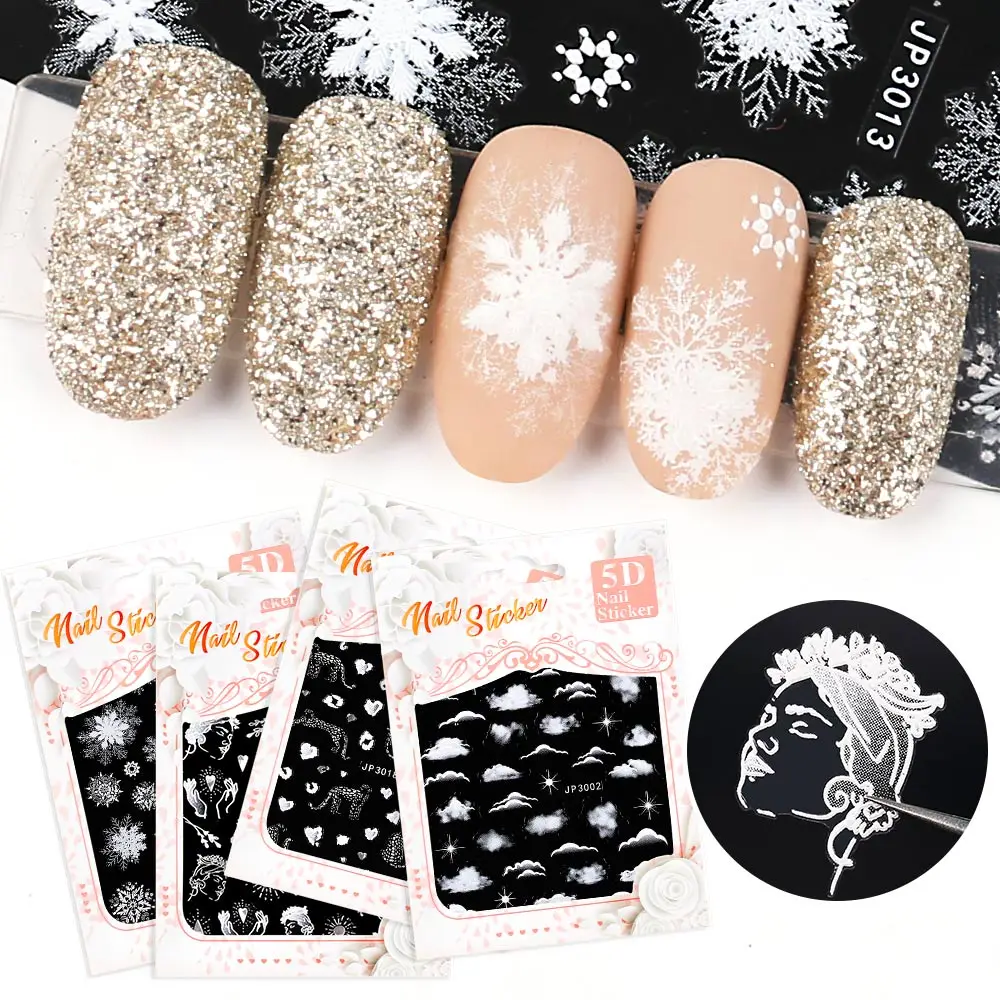 4 Sheets Snowflakes Flower 3D Stickers Set Black And White Transfer Decals Stickers for Nails Sky Cat Beauty Slider Decor