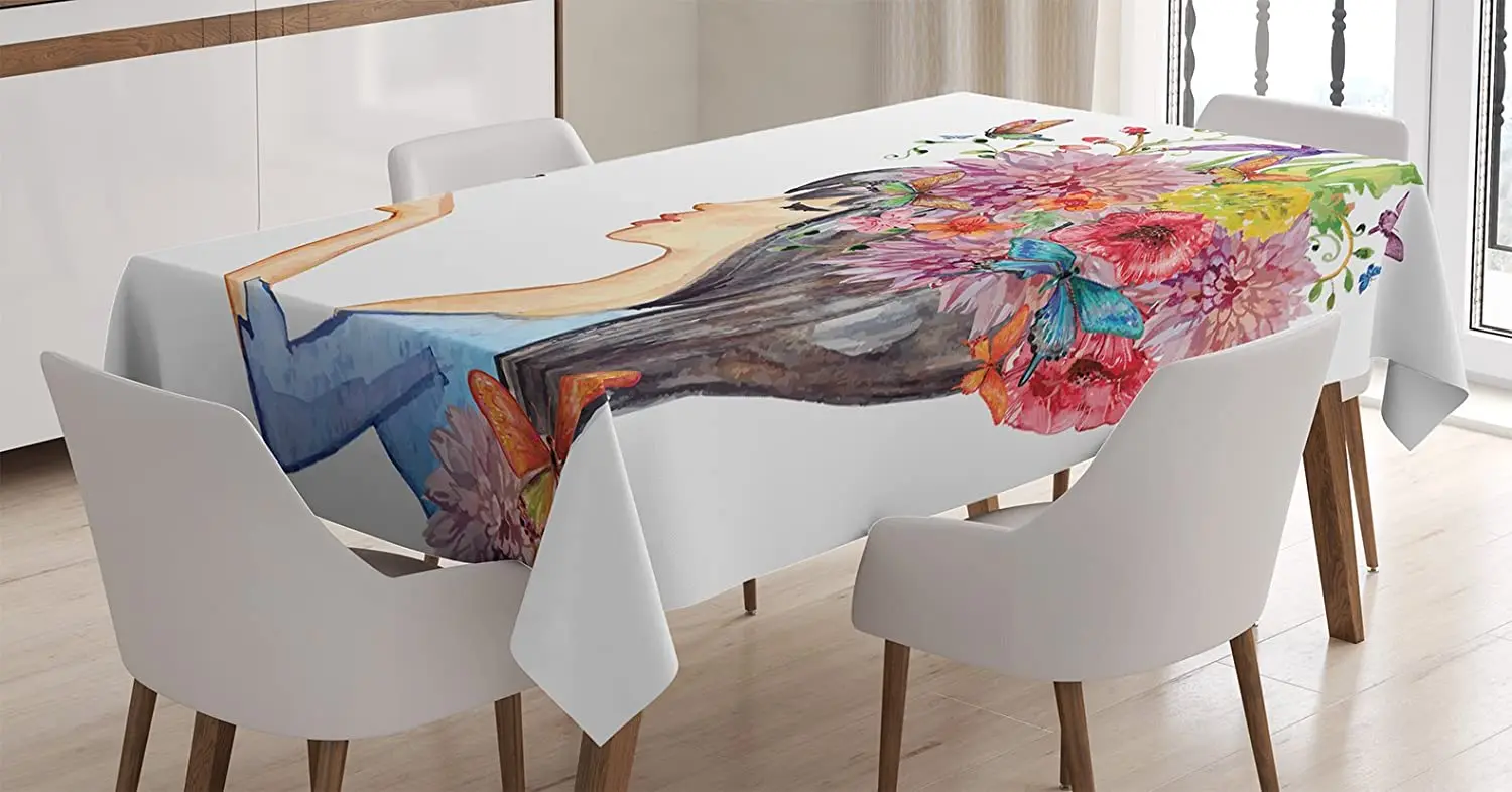 

Floral Head Girl Holding Romantic Feminine Spring Artwork,Table Cover for Dining Room Kitchen Décor