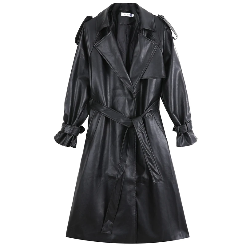 New Long Leather Trench Coat For Women Autumn 2024 Long Sleeve Lapel Loose Fit Stylish Black Female Clothing Streetwear Outerwea