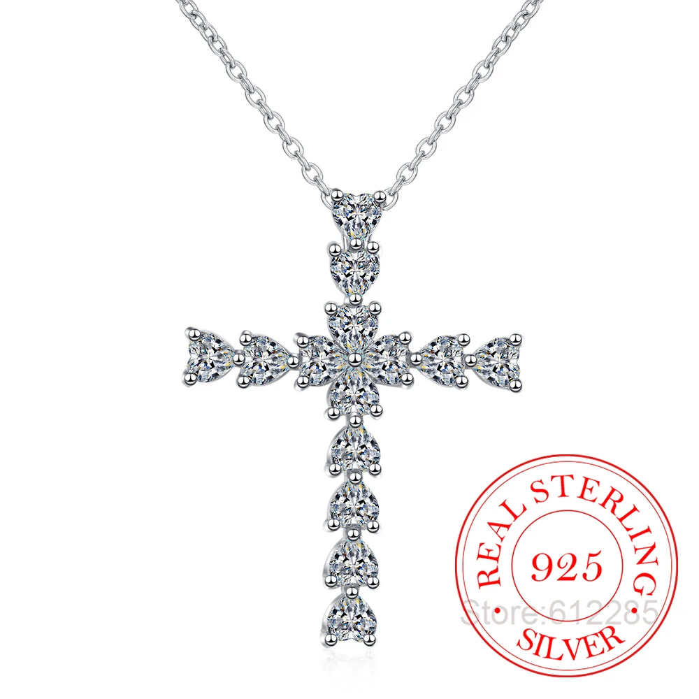 Real 925 Sterling Silver Zircon Crystal Cross Necklaces Pendants For Girl Women Choker Collar wedding party jewelry Gift