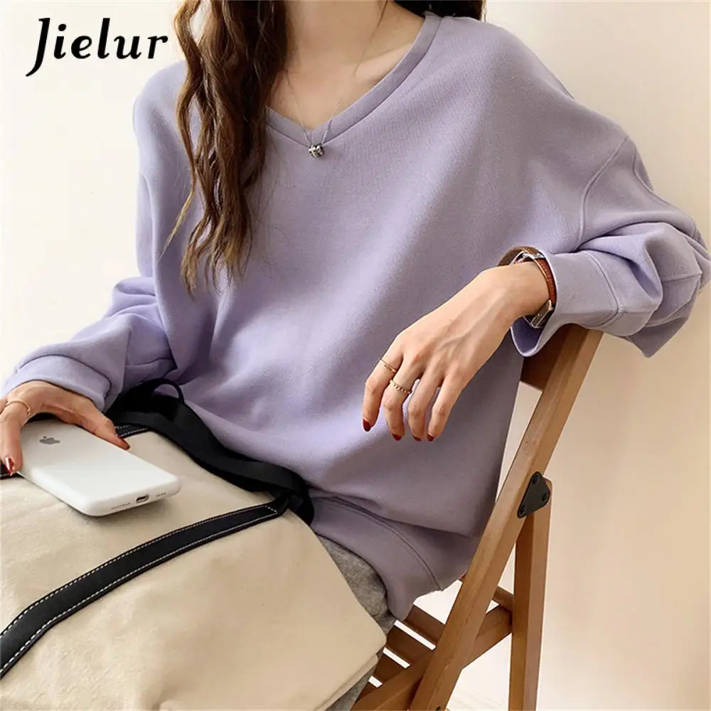 

Jielur Autumn V-Neck Women Sweatshirts 2021 Solid Color Korean Hoodie Comfortable Loose Fashion Casual OL Elegant Lady Tops S-L