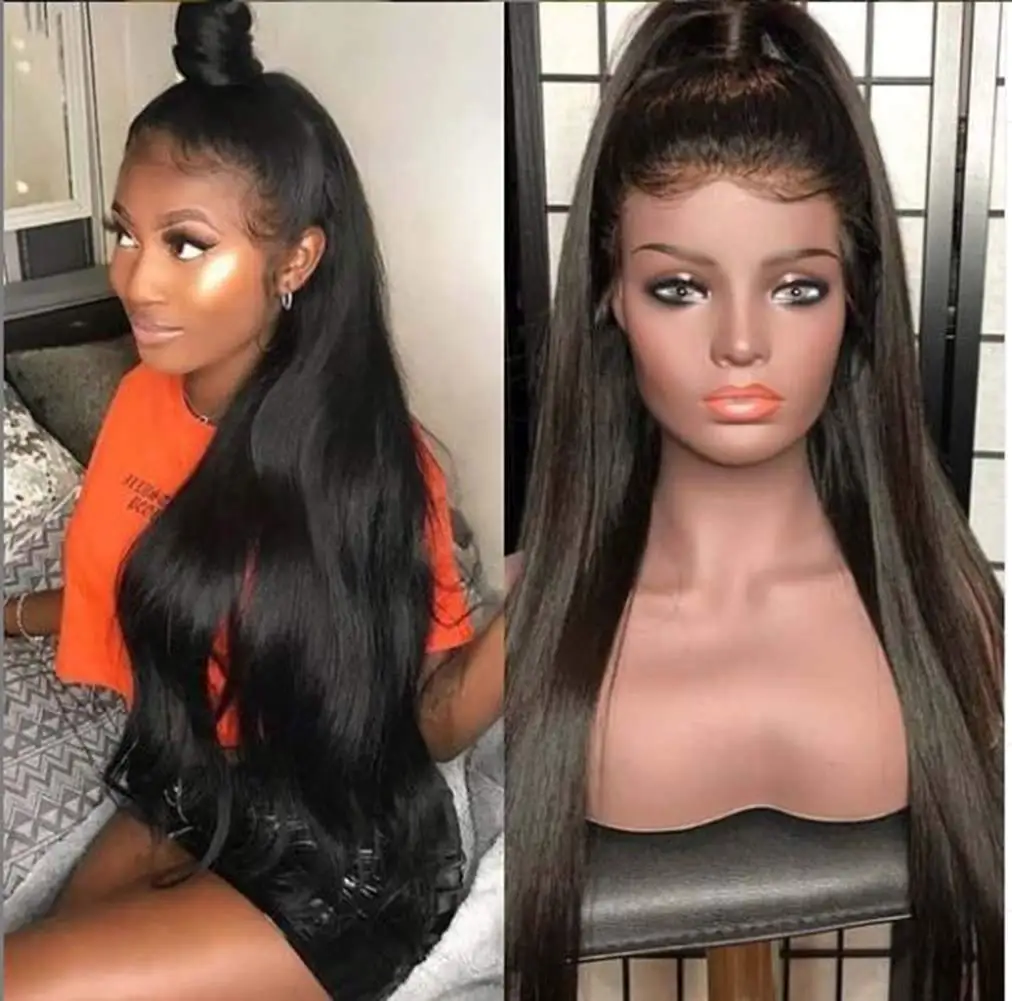 

DLME черный синтетический парик фронта шнурка для чернокожих женщин термостойкие волосы длинный черный прямой парик