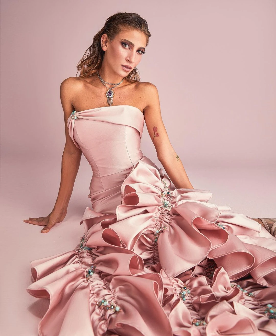 Pink Fashion Elegant Exquisite Evening Dress Strapless Floor Length Ruffle Flowers Floor Length Photography Prom Dress Plus Size