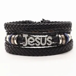 New Arrival Punk Vintage Men Leather Bracelets For Women Bangles Eye Skull Cross JESUS Charm 3 Pcs/Set Homme Gift Jewelry