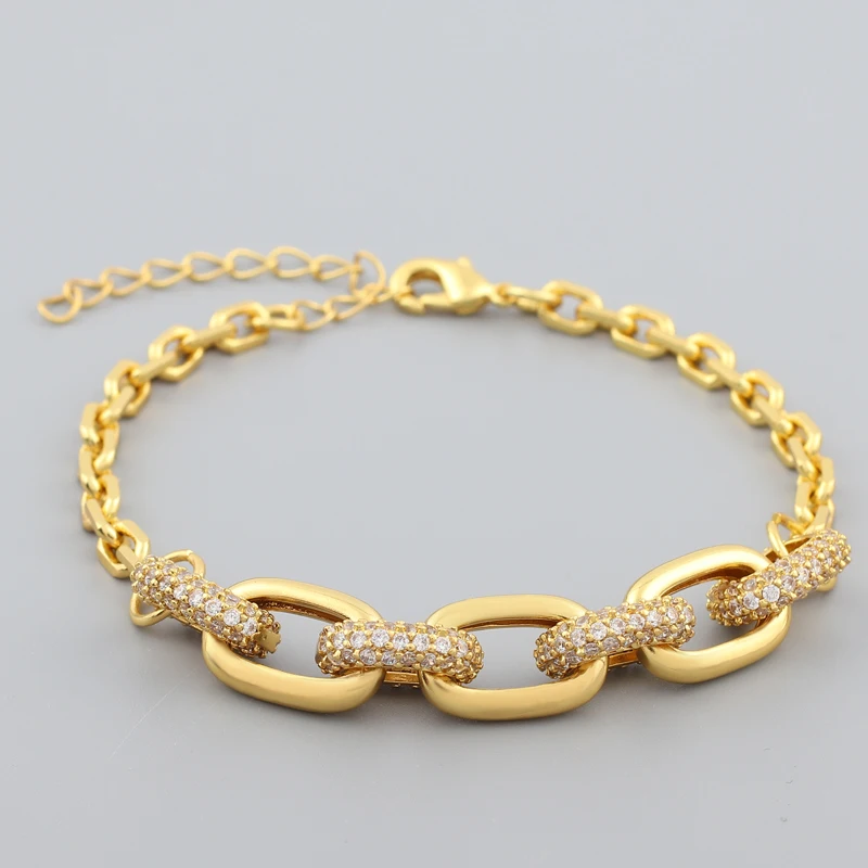 Femme Micro Pave Rhinestones Copper Gold Plated Chunky Chain Bracelet Fashion Jewelry For Women Punk Birthday Party Gift