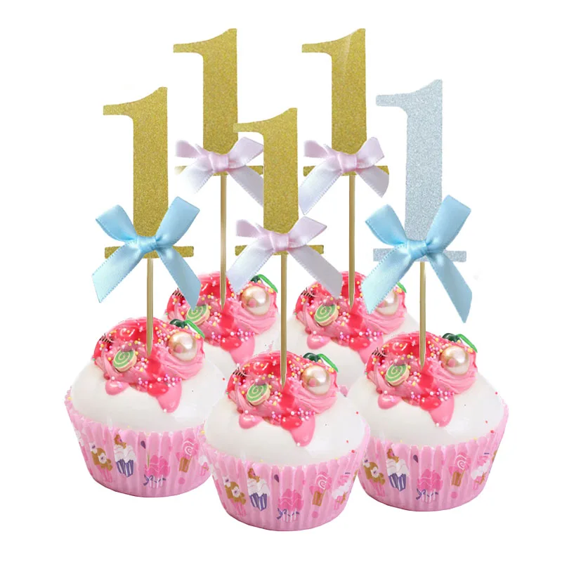 10pcs Silver Blue 1 One Paper Cake Cupcake Toppers Glitter Number 1st Baby Shower Kid Favors Boy Girl Birthday Party Decorations