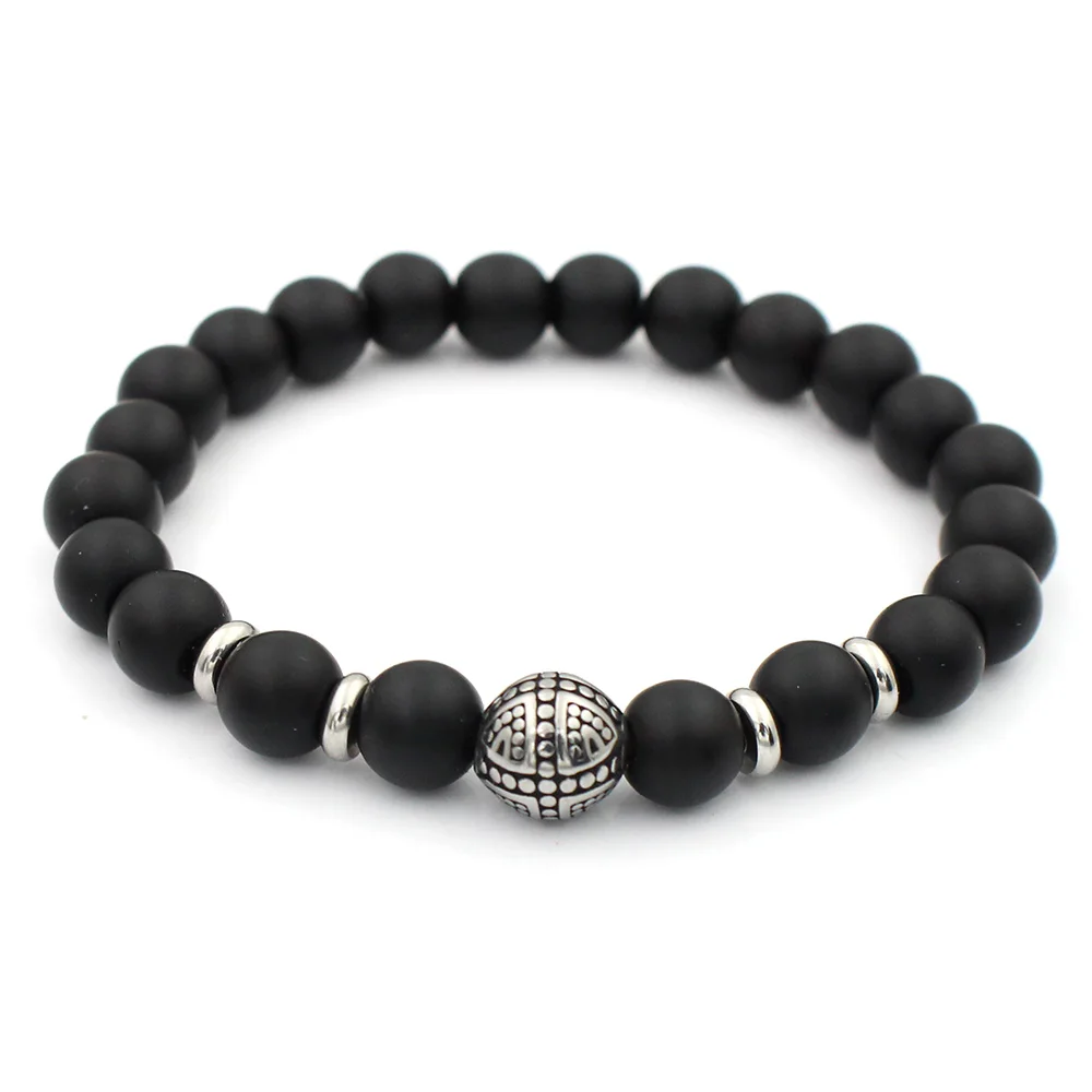 Fashion Stainless Steel Ball Bead Charms 8mm Black Stone Stretch Bead Bracelet For MEN&WOMEN