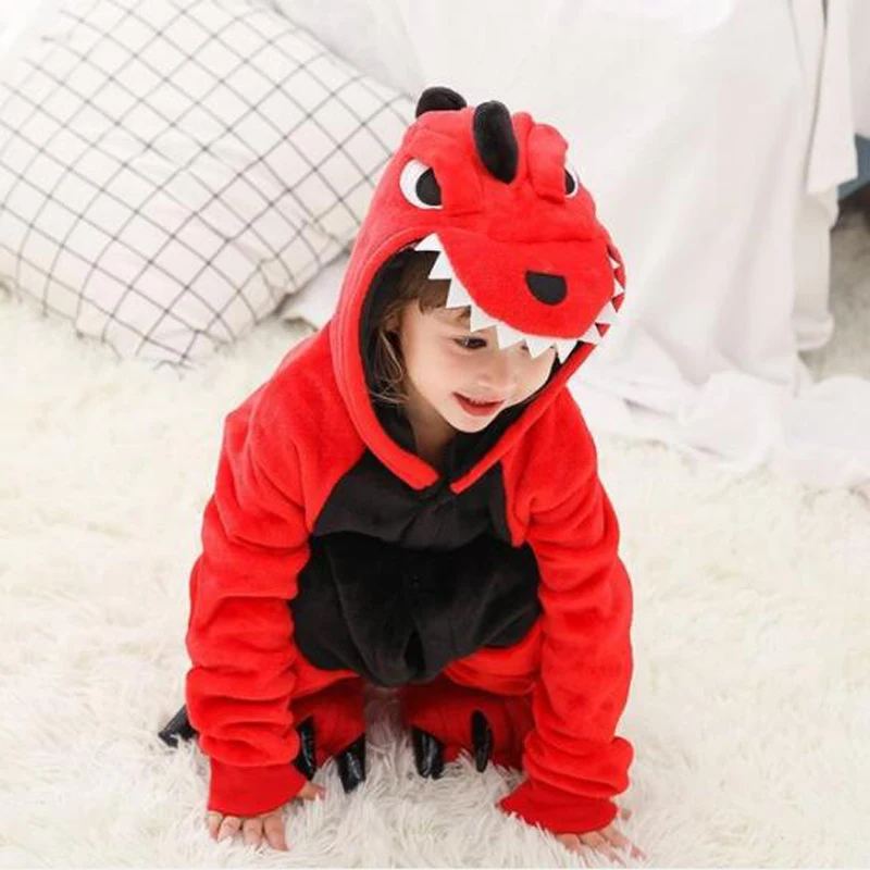 Red Dinosaur Kigurumi Onesie Pajamas Set Animal Cosplay Costume Pink Cute Winter Warm Soft Flannel Jumpsuit Children Party Wear