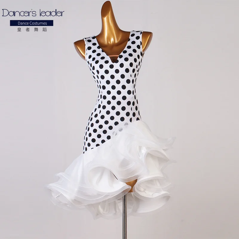 Latin Dance Sexy V-neck Big Swing Skirt Black White Polka Dot Leopard Color Dance Costume Female Stage Competition Suit