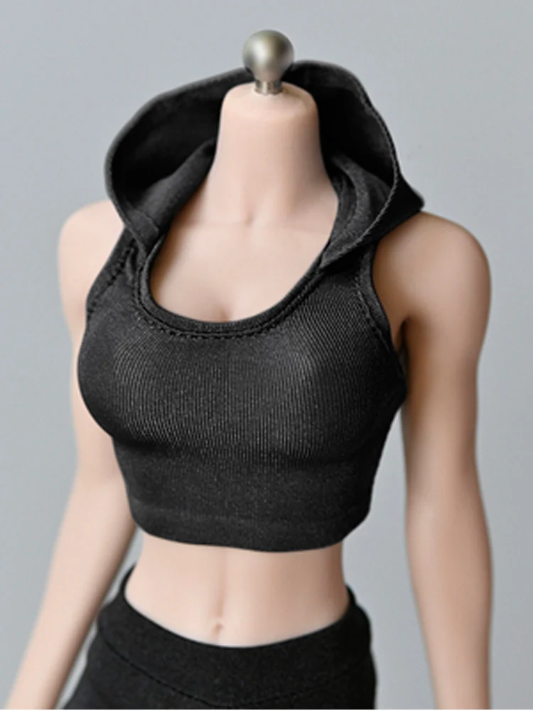 Chaleco sin mangas con capucha a escala 1/6, ropa de Midriff baring, modelo compatible con muñeca PH TBL JIAOU de 12 pulgadas, cuerpo de figura de Acción Femenina